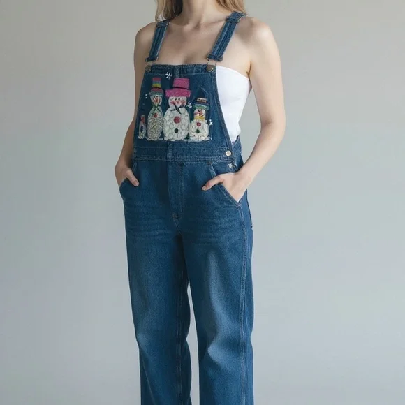 Vintage Christmas Holiday Overalls Snowmen - Picture 1 of 4